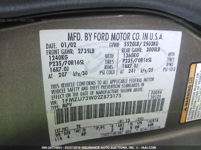 1FMZU73W02ZB73175 - 2002 FORD EXPLORER XLT TAN photo 9