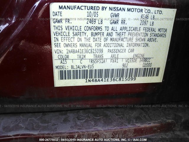 1N4BA41E36C815099 - 2006 NISSAN MAXIMA SE/SL RED photo 9