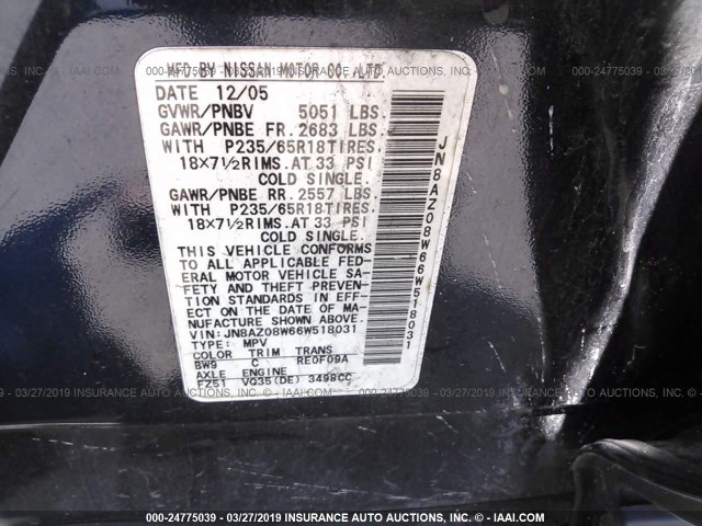 JN8AZ08W66W518031 - 2006 NISSAN MURANO SL/SE/S BLUE photo 9