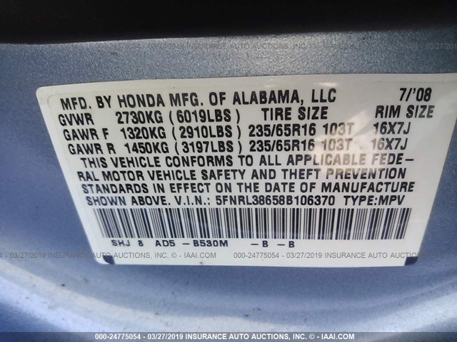 5FNRL38658B106370 - 2008 HONDA ODYSSEY EXL Light Blue photo 9