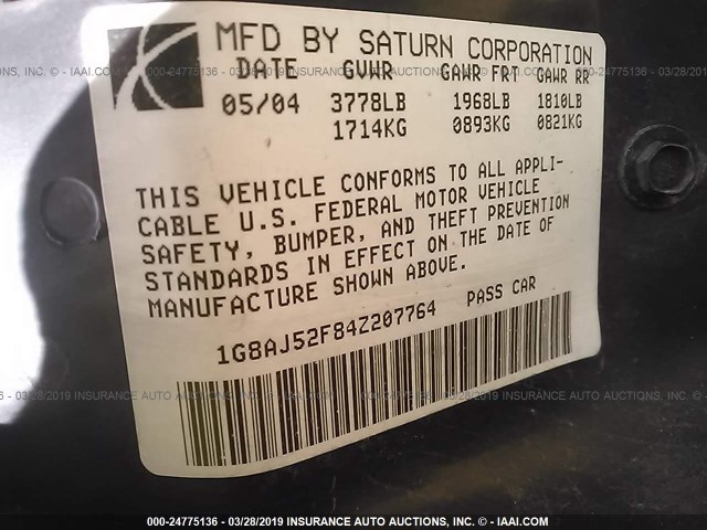 1G8AJ52F84Z207764 - 2004 SATURN ION LEVEL 2 SILVER photo 9