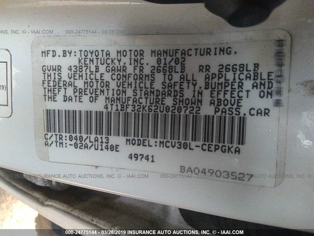 4T1BF32K62U020722 - 2002 TOYOTA CAMRY LE/XLE/SE WHITE photo 9