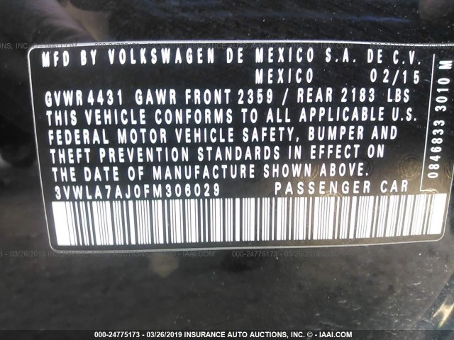 3VWLA7AJ0FM306029 - 2015 VOLKSWAGEN JETTA TDI BLACK photo 9