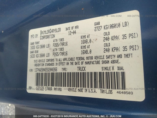 1D7HW58N65S200266 - 2005 DODGE DAKOTA QUAD LARAMIE BLUE photo 9