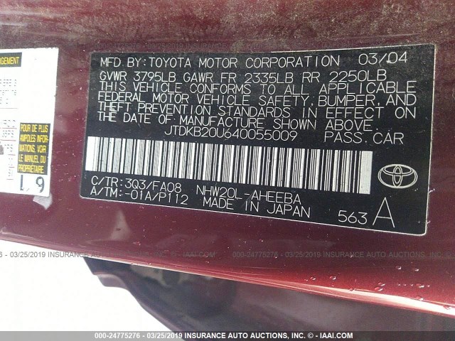 JTDKB20U640055009 - 2004 TOYOTA PRIUS MAROON photo 9