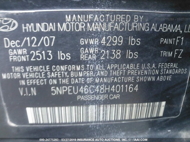 5NPEU46C48H401164 - 2008 HYUNDAI SONATA SE/LIMITED BLACK photo 9