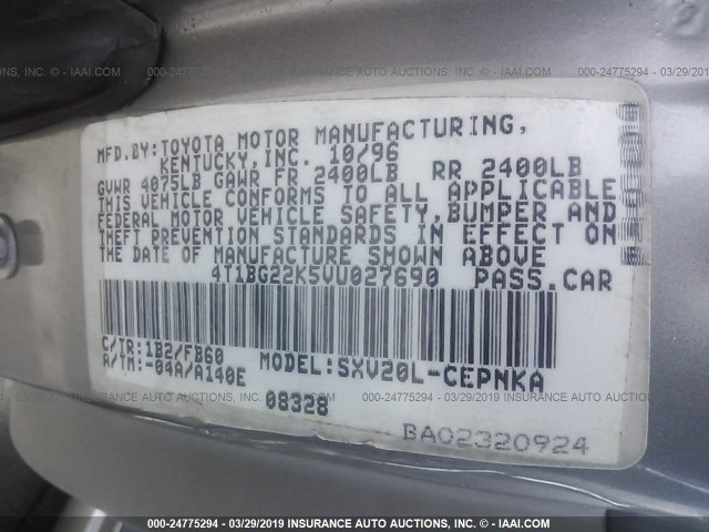 4T1BG22K5VU027690 - 1997 TOYOTA CAMRY CE/LE/XLE GRAY photo 9