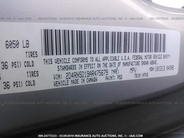 2D4RN5D19AR475679 - 2010 DODGE GRAND CARAVAN SXT SILVER photo 9