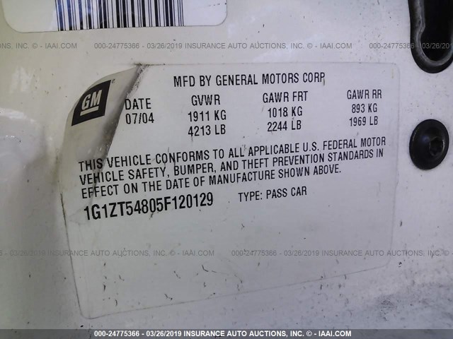 1G1ZT54805F120129 - 2005 CHEVROLET MALIBU LS WHITE photo 9