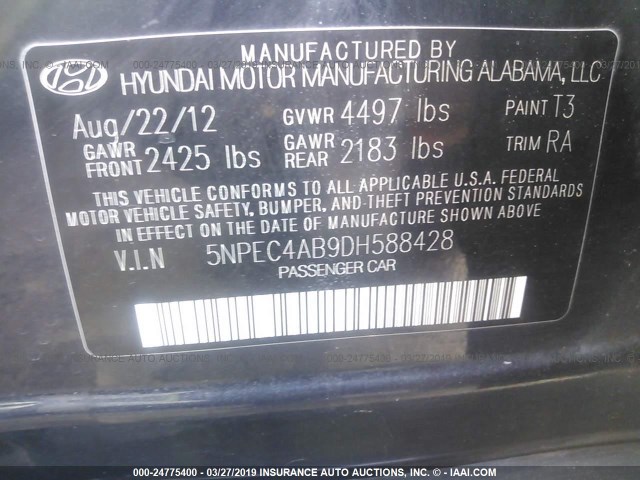 5NPEC4AB9DH588428 - 2013 HYUNDAI SONATA SE/LIMITED BLACK photo 9