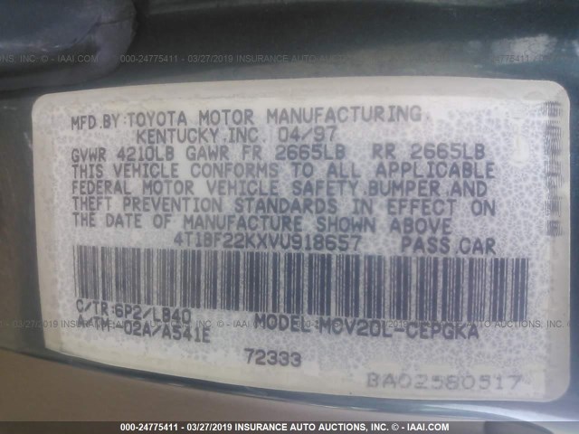 4T1BF22KXVU918657 - 1997 TOYOTA CAMRY CE/LE/XLE GREEN photo 9