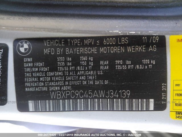 WBXPC9C45AWJ34139 - 2010 BMW X3 XDRIVE30I SILVER photo 9