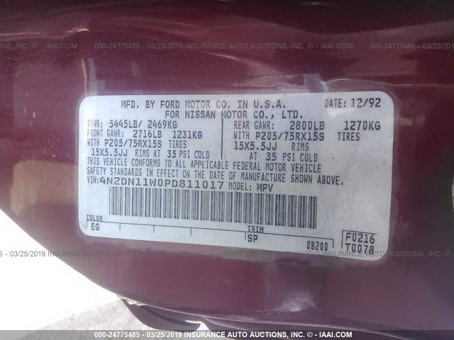 4N2DN11W0PD811017 - 1993 NISSAN QUEST GXE/XE/BASE MAROON photo 9