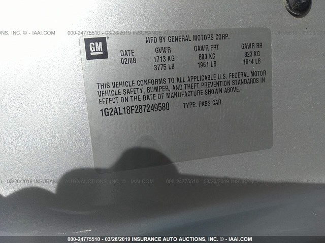 1G2AL18F287249580 - 2008 PONTIAC G5 SILVER photo 9