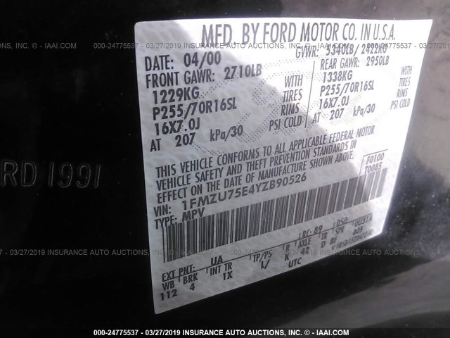 1FMZU75E4YZB90526 - 2000 FORD EXPLORER LIMITED BLACK photo 9