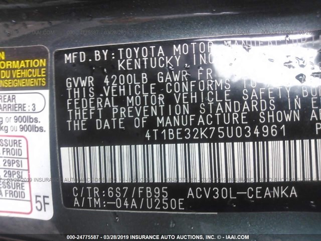 4T1BE32K75U034961 - 2005 TOYOTA CAMRY LE/XLE/SE GREEN photo 9