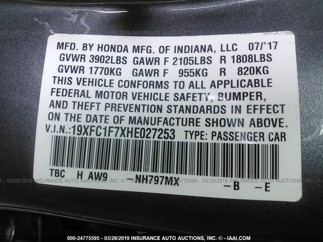 19XFC1F7XHE027253 - 2017 HONDA CIVIC EXL GRAY photo 9