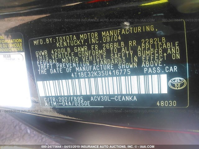 4T1BE32K35U416775 - 2005 TOYOTA CAMRY LE/XLE/SE BLACK photo 9