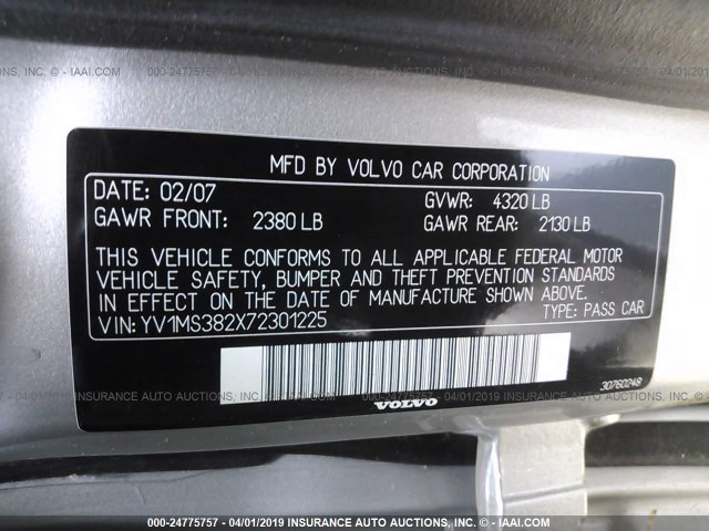 YV1MS382X72301225 - 2007 VOLVO S40 2.4I SILVER photo 9