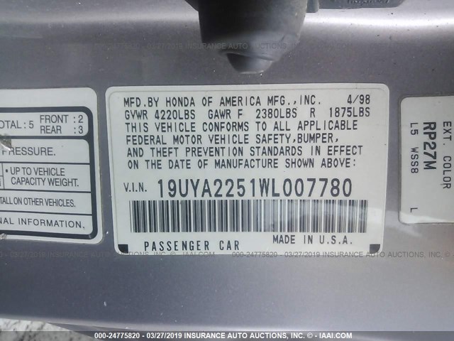 19UYA2251WL007780 - 1998 ACURA 3.0CL Gümüş fotoğraf 9