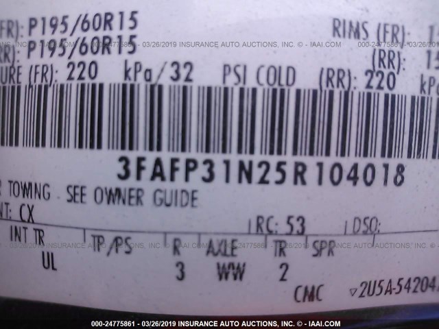 3FAFP31N25R104018 - 2005 FORD FOCUS ZX3 GRAY photo 9