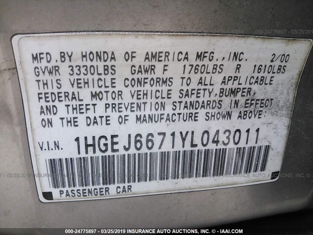 1HGEJ6671YL043011 - 2000 HONDA CIVIC LX TAN photo 9