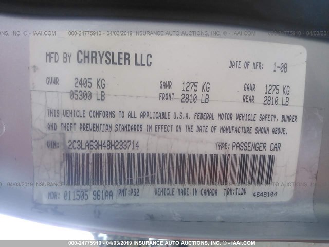 2C3LA63H48H233714 - 2008 CHRYSLER 300C SILVER photo 9