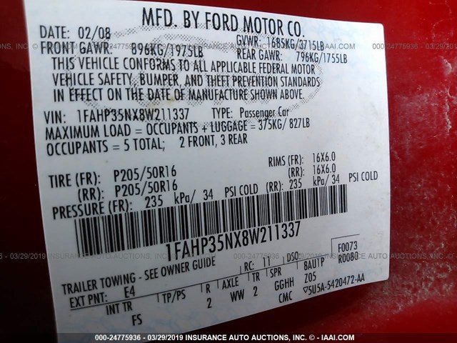 1FAHP35NX8W211337 - 2008 FORD FOCUS SE/SEL/SES RED photo 9