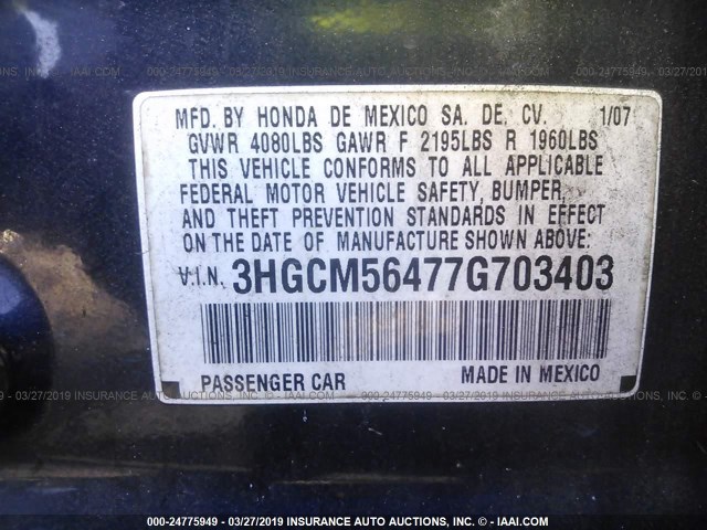 3HGCM56477G703403 - 2007 HONDA ACCORD LX BLUE photo 9