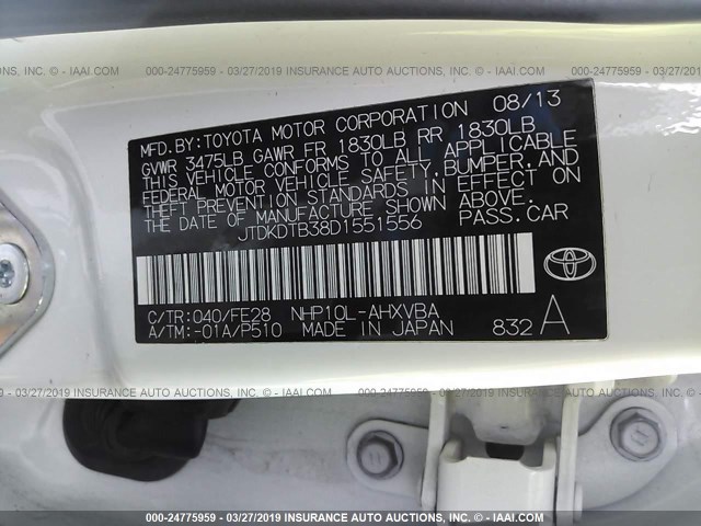 JTDKDTB38D1551556 - 2013 TOYOTA PRIUS C WHITE photo 9