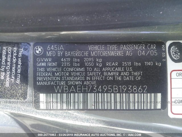 WBAEH73495B193862 - 2005 BMW 645 CI AUTOMATIC GRAY photo 9