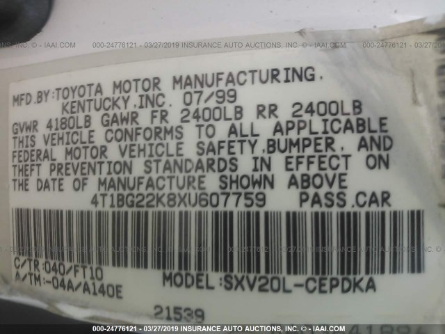 4T1BG22K8XU607759 - 1999 TOYOTA CAMRY CE/LE/XLE WHITE photo 9