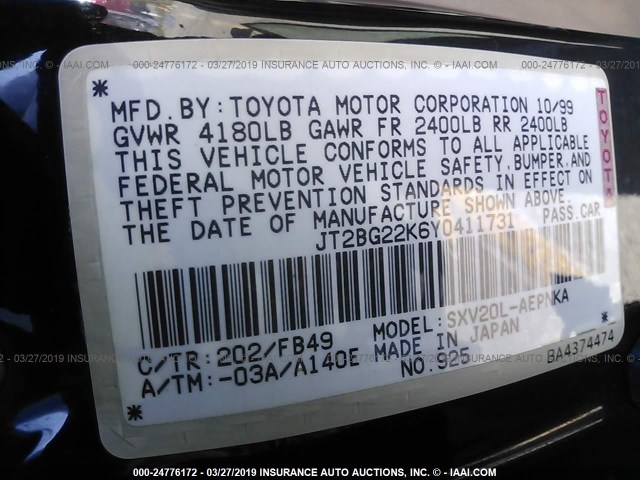 JT2BG22K6Y0411731 - 2000 TOYOTA CAMRY CE/LE/XLE BLACK photo 9