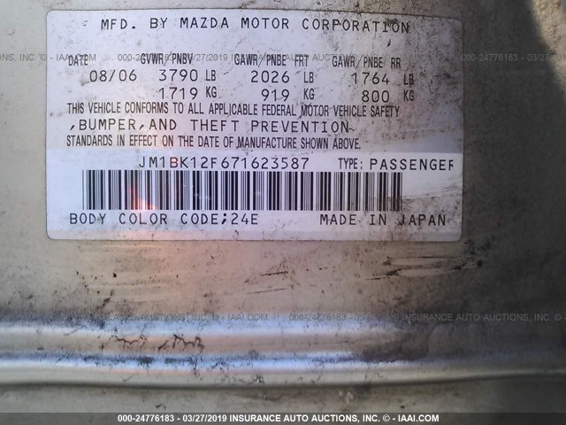 JM1BK12F671623587 - 2007 MAZDA 3 I SILVER photo 9