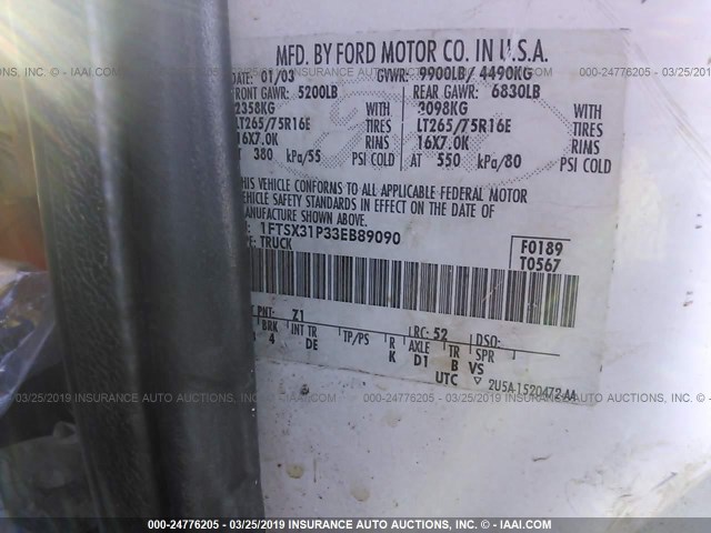 1FTSX31P33EB89090 - 2003 FORD F350 SRW SUPER DUTY WHITE photo 9