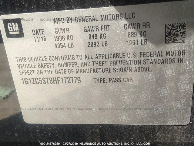 1G1ZC5ST8HF172779 - 2017 CHEVROLET MALIBU LS BLACK photo 9