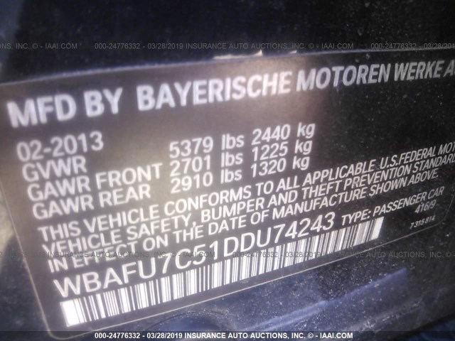 WBAFU7C51DDU74243 - 2013 BMW 535 XI BLACK photo 9