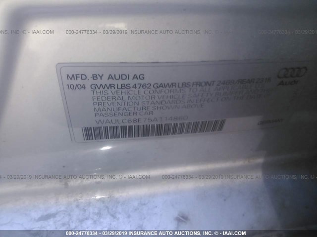 WAULC68E75A114860 - 2005 AUDI A4 1.8T QUATTRO/SPECIAL SILVER photo 9