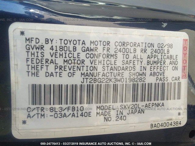 JT2BG22K3W0198282 - 1998 TOYOTA CAMRY CE/LE/XLE BLUE photo 9