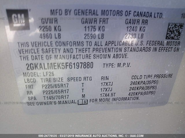 2GKALMEK5F6197880 - 2015 GMC TERRAIN SLE GRAY photo 9