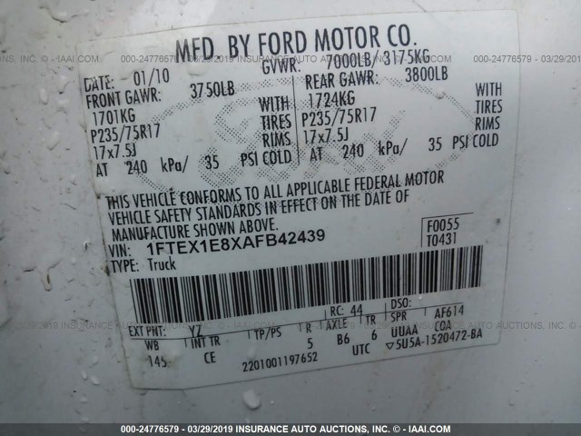 1FTEX1E8XAFB42439 - 2010 FORD F150 SUPER CAB WHITE photo 9