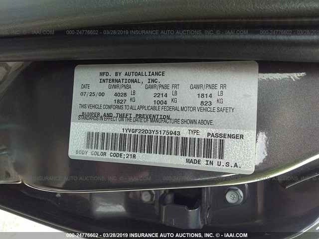 1YVGF22D3Y5175943 - 2000 MAZDA 626 ES/LX GRAY photo 9