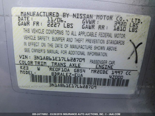 3N1AB61E17L628709 - 2007 NISSAN SENTRA 2.0/2.0S/2.0SL SILVER photo 9