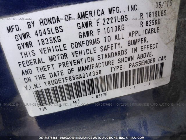 19UDE2F86GA014356 - 2016 ACURA ILX PREMIUM STYLE/TECH STYLE BLUE photo 9