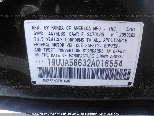 19UUA56632A016554 - 2002 ACURA 3.2TL BLACK photo 9