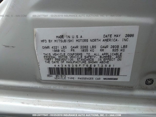 4A3AB36F76E073581 - 2006 MITSUBISHI GALANT ES MEDIUM/LS MEDIUM WHITE photo 9