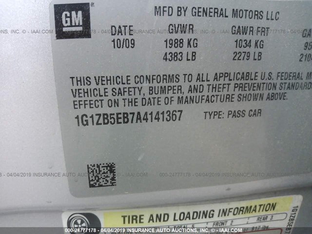 1G1ZB5EB7A4141367 - 2010 CHEVROLET MALIBU LS GRAY photo 9