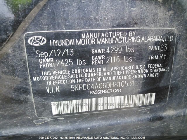 5NPEC4AC6DH810531 - 2013 HYUNDAI SONATA SE/LIMITED BLACK photo 9