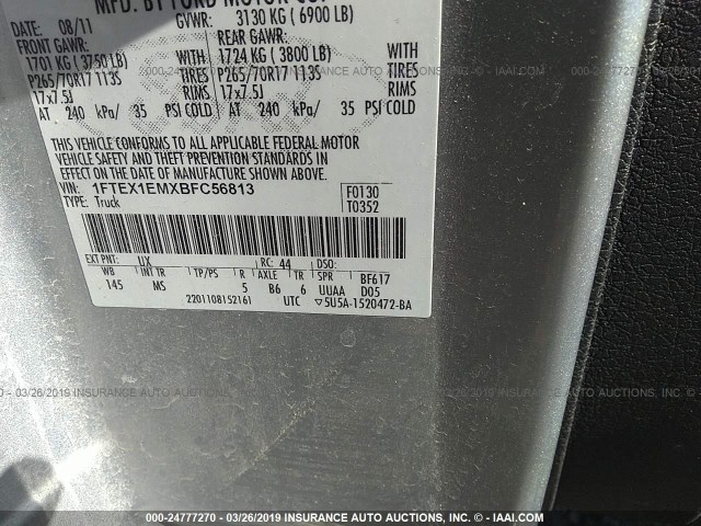 1FTEX1EMXBFC56813 - 2011 FORD F150 SUPER CAB SILVER photo 9