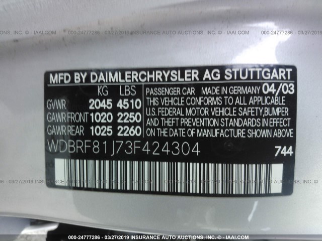 WDBRF81J73F424304 - 2003 MERCEDES-BENZ C 240 4MATIC SILVER photo 9